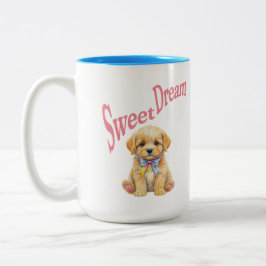 Caneca De Café Em Dois Tons Personalized "Sweet Dream" Puppy Dog Watercolor Mu