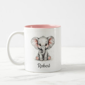 Caneca De Café Em Dois Tons Personalized Watercolor Baby Elephant Mug.