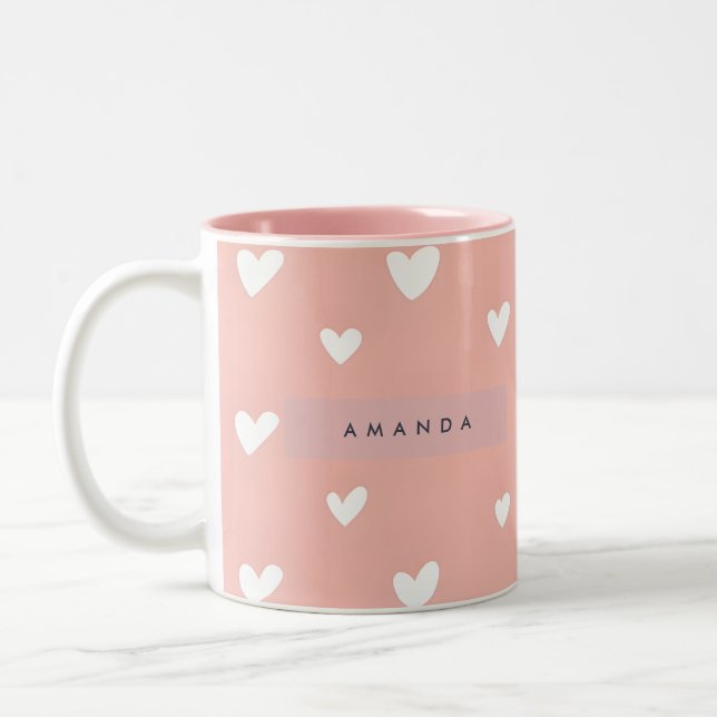 Caneca De Café Em Dois Tons Personalized White Heart Pattern on Blush  (Esquerda)