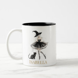 Caneca De Café Em Dois Tons Personalized Witch & Black Cat Mug with Gothic Bow