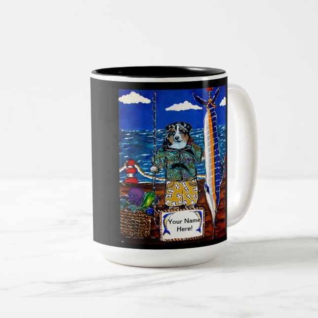 Caneca De Café Em Dois Tons Pesca de Marlin com Australian Shepherd (Frente Esquerda)