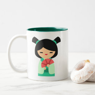Caneca De Café Em Dois Tons Pêssego aqua rosa bonecas japonesas Kokeshi