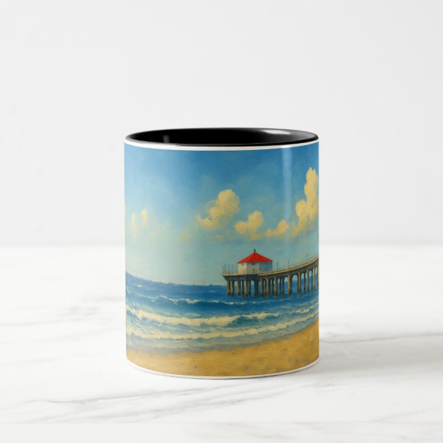 Caneca De Café Em Dois Tons Píer de praia de Manhattan com telhado vermelho (Centro)