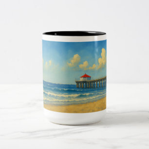 Caneca De Café Em Dois Tons Píer de praia de Manhattan com telhado vermelho