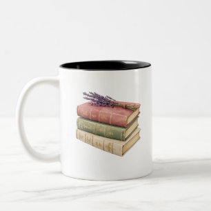 Caneca De Café Em Dois Tons Pilha de Livros Antigos com Lavanda Casa Aconche
