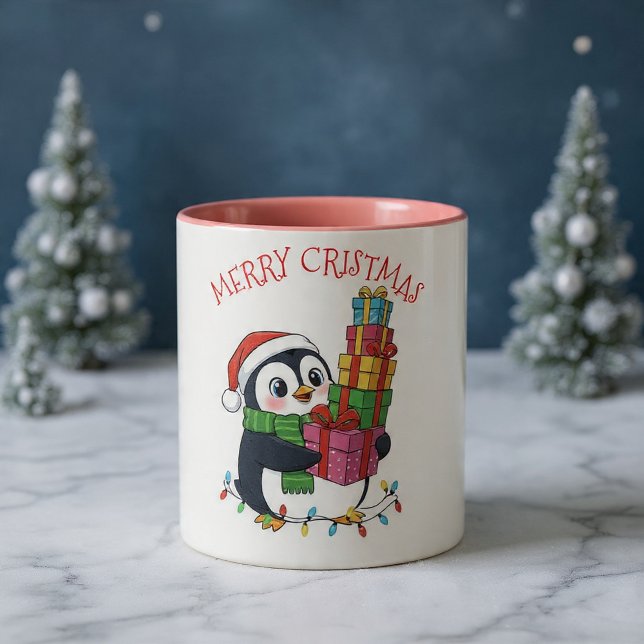Caneca De Café Em Dois Tons Pinguim Fofo de Natal Carregando Presentes (Criador carregado)
