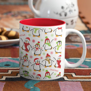 Caneca De Café Em Dois Tons Pinguins Dançantes, Vermelho e Verde, Natal