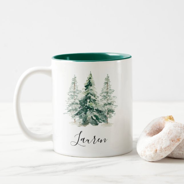 Caneca De Café Em Dois Tons Pinheira de inverno Snowy Pine Natal (Com Donut)