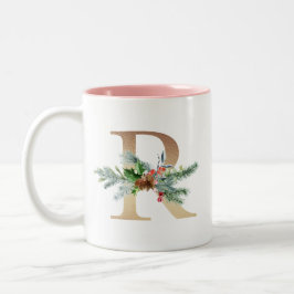 Caneca De Café Em Dois Tons Pinheiro de ouro R Monograma e Natal de Berry