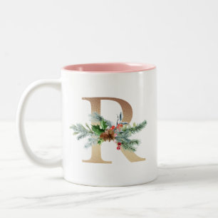 Caneca De Café Em Dois Tons Pinheiro de ouro R Monograma e Natal de Berry