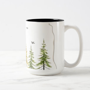 Caneca De Café Em Dois Tons Pinheiros e Pássaros Delicados com Aquarela