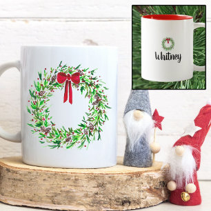 Caneca De Café Em Dois Tons Pinheiros Vermelhos e Pinheiros de Wreath de Natal