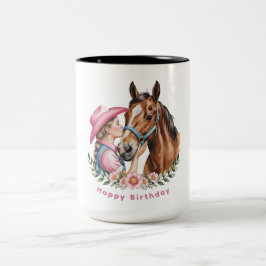Caneca De Café Em Dois Tons Pink Cowgirl Kissing a Horse Birthday Party