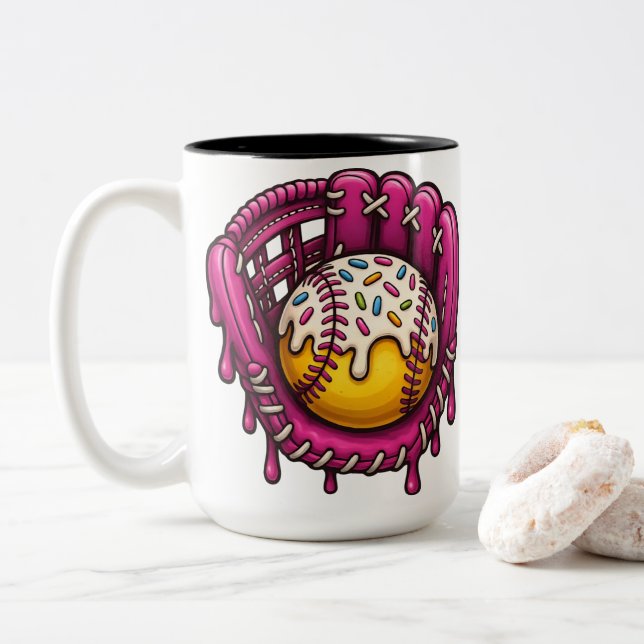 Caneca De Café Em Dois Tons Pink Drip Baseball Glove Sprinkles Art (Com Donut)