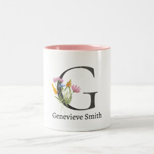 CANECA DE CAFÉ EM DOIS TONS PINK FLORAL SOFT BLUSH ALPHABETS NAME LETÓRIA G