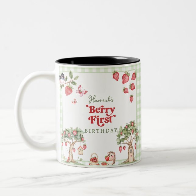 Caneca De Café Em Dois Tons Pink Gingham Berry First Strawberry 1st Birthday (Esquerda)