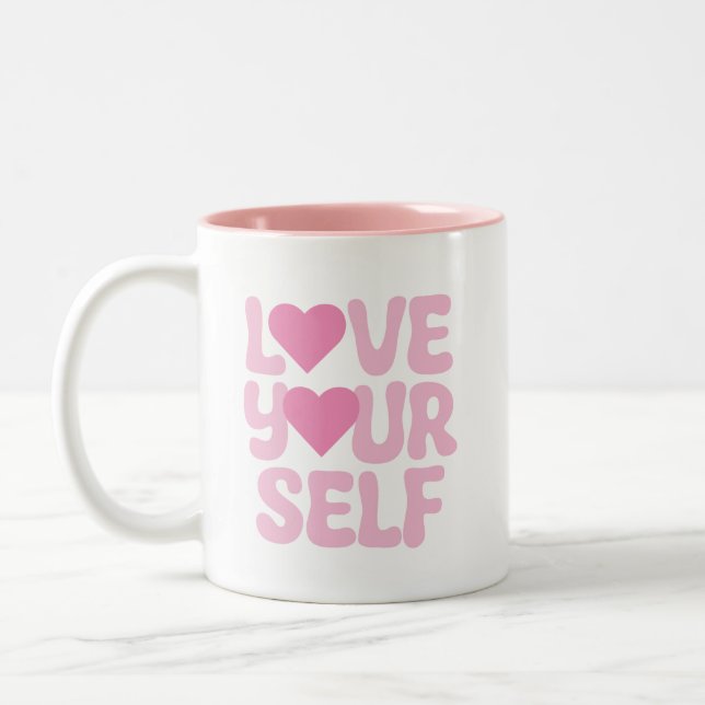 Caneca De Café Em Dois Tons Pink Love Yourself citações (Esquerda)