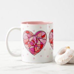 Caneca De Café Em Dois Tons Pink/Red/White Triple Doodle Pattern Heart Mug