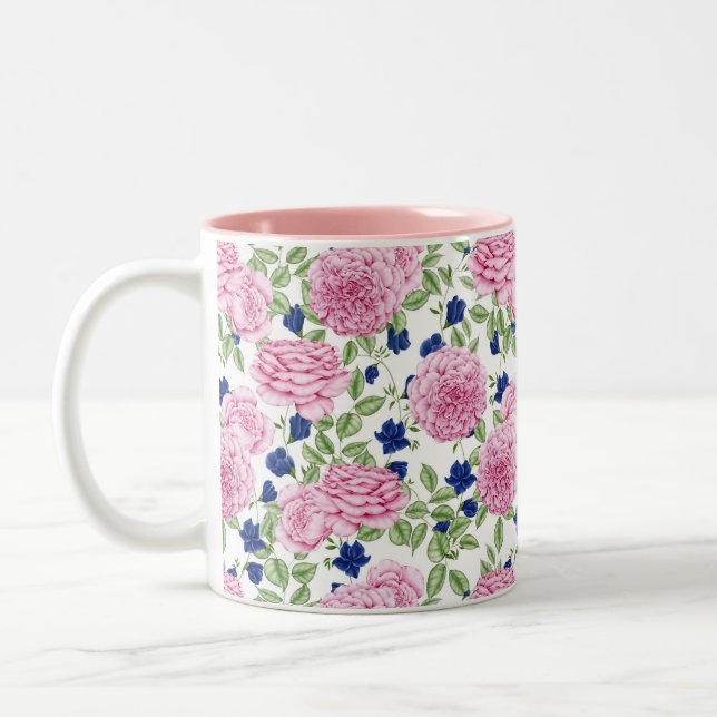 Caneca De Café Em Dois Tons  Pink Rose Flowers Pattern  (Esquerda)