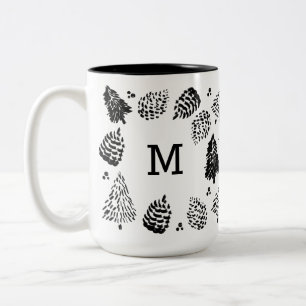 Caneca De Café Em Dois Tons Pinos Pretos e Brancos e Monograma de Árvore Pine
