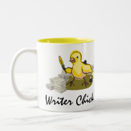Caneca De Café Em Dois Tons Pintinho do escritor com papel, Quill da pena e