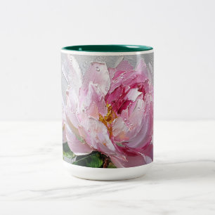 Caneca De Café Em Dois Tons Pintura a Óleo Elegante Peônia Rosa Impasto Grosso