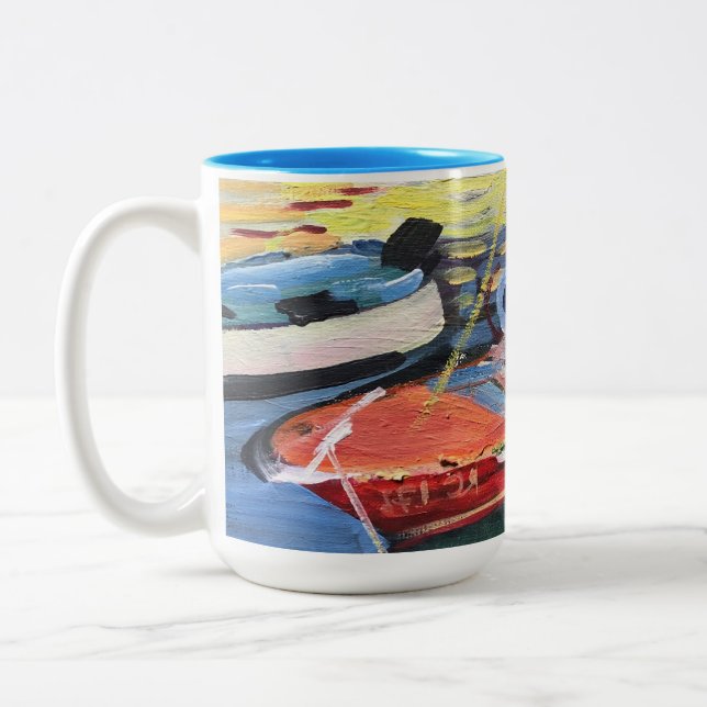Caneca De Café Em Dois Tons pintura barco acrílico no mar (Esquerda)