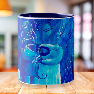 Caneca De Café Em Dois Tons Pintura de Arte Contemporânea Casamento Azul
