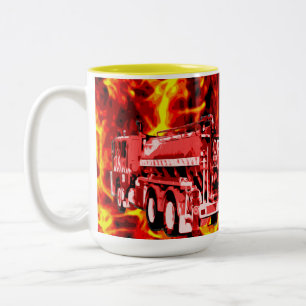 Caneca De Café Em Dois Tons Pintura De Óleo De Caminhão De Fogo Vermelho;