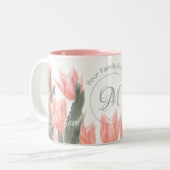 Caneca De Café Em Dois Tons Pintura de Tulipas Monogramas Peach da Família Ele (Frente Esquerda)