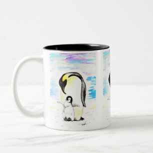 Caneca De Café Em Dois Tons Pintura em Aquarela do Pinguim Imperador e do Filh