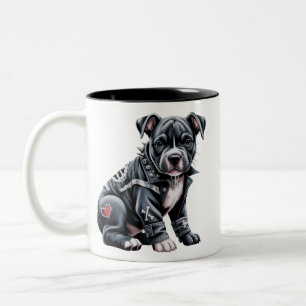 Caneca De Café Em Dois Tons Pitbull de Remendo de Denim Rocker Arisco Gótico