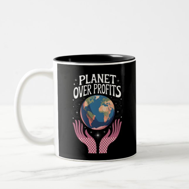 Caneca De Café Em Dois Tons Planeta Acima dos Lucros Mudança Climática da Terr (Esquerda)