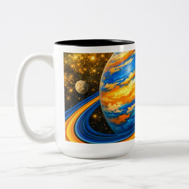 Caneca De Café Em Dois Tons Planeta Laranja e Azul com Anéis (Esquerda)