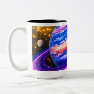 Caneca De Café Em Dois Tons Planeta Rosa e Azul com Anéis