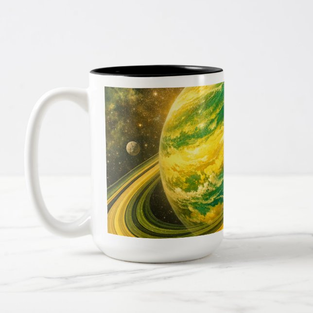 Caneca De Café Em Dois Tons Planeta Verde e Amarelo com Anéis (Esquerda)