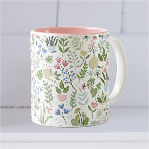 Caneca De Café Em Dois Tons Plantas Azuis Rosa Flores Verde