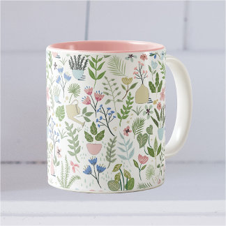 Caneca De Café Em Dois Tons Plantas Azuis Rosa Flores Verde