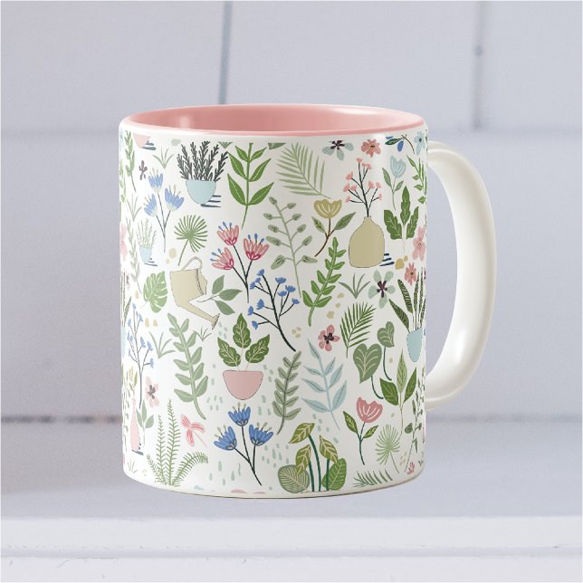 Caneca De Café Em Dois Tons Plantas Azuis Rosa Flores Verde (Criador carregado)