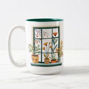 Caneca De Café Em Dois Tons Plantas em Vasos na Janela