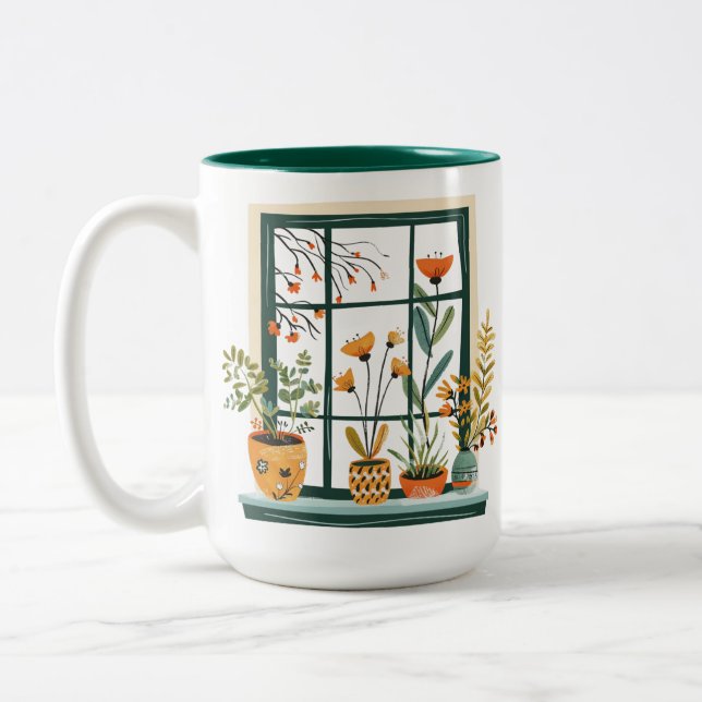 Caneca De Café Em Dois Tons Plantas Potentes na Janela (Esquerda)