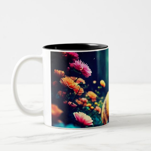 Caneca De Café Em Dois Tons "Playful Fox Amidst Blossoms" (Esquerda)