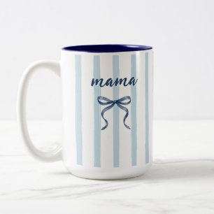 Caneca De Café Em Dois Tons Poeira Azul Chic Listras e Laço de Aquarela Mamãe