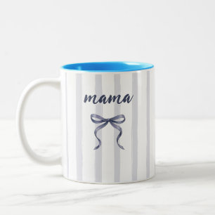 Caneca De Café Em Dois Tons Poeira Chic Azul Aquarela Listras e Laço Mamãe