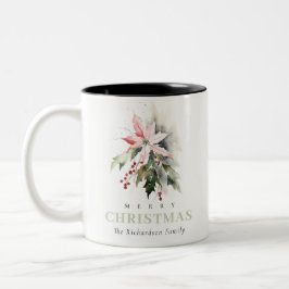 Caneca De Café Em Dois Tons Poinsettia Berries Foliage Watercolor