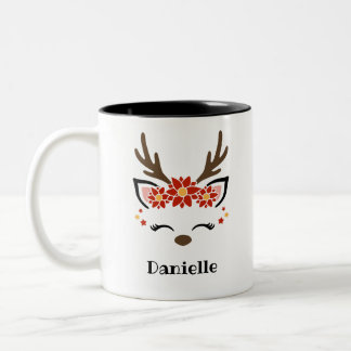 Caneca De Café Em Dois Tons Poinsettia Reindeer Face Nome Personalizado Feriad