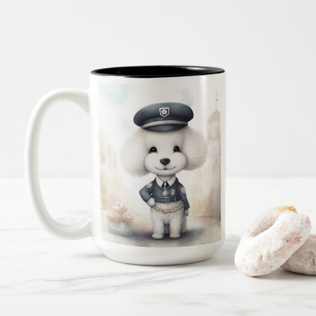 Caneca De Café Em Dois Tons Polícia de Poodle... patas em ação (Com Donut)