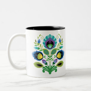 Caneca De Café Em Dois Tons Polonês Folk Flowers Teal