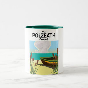 Caneca De Café Em Dois Tons Polzeath, poster de viagens de Cornwall 