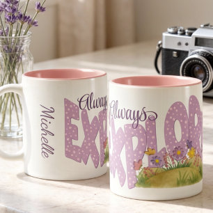 Caneca De Café Em Dois Tons Pontos Purpura Suave Com Jardim de Aquarela